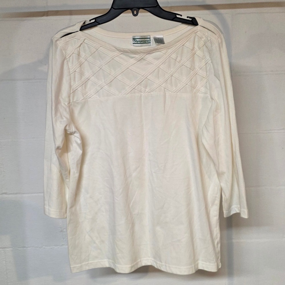Vintage 90s Shenanigans Cream Lattice Yoke Boat Neck 3/4 Sleeve Knit Top Large